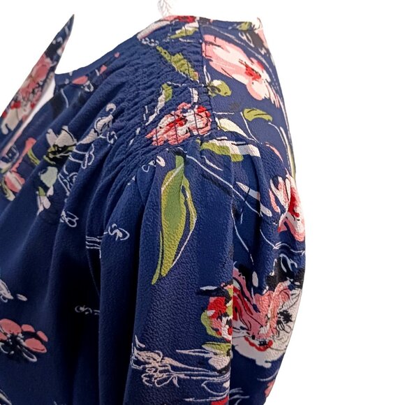 NEW Fun2fun Puff Sleeve Navy‎ Multi Floral Tunic Blouse with Pleated Design, S - Picture 4 of 8